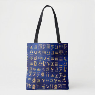 Bolsa Tote Hieróglifos Antigos Egípcios Dourados em Azul