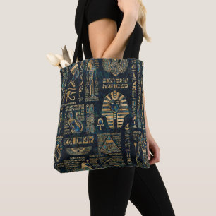 Bolsa Tote Hieroglyphs e deidades egípcios - olmo e ouro