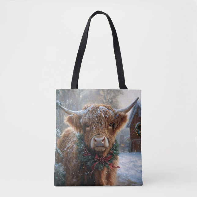 Bolsa Tote Highland Cow Rustic Barnyard Natal (Frente)