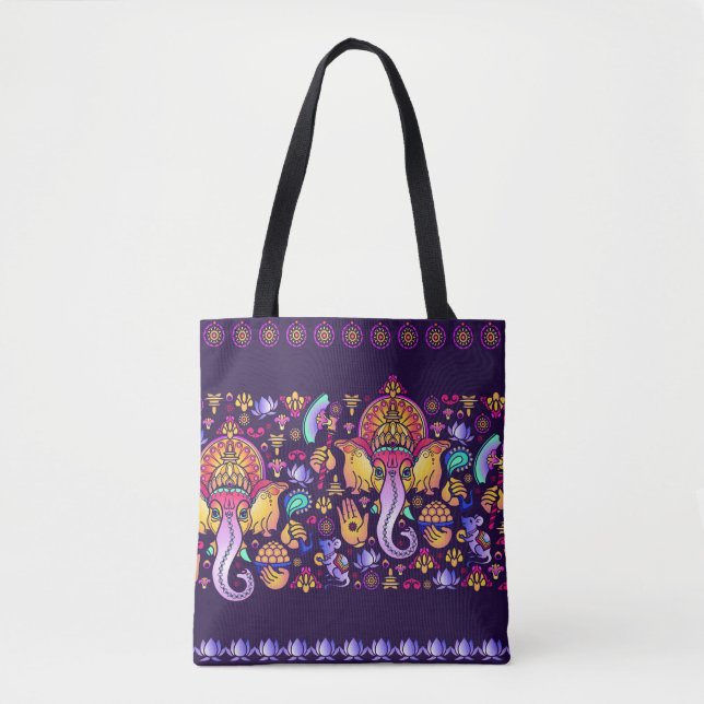 Bolsa Tote Hindu Deus Ganesha e símbolos indianos em forma de (Frente)