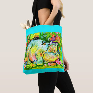 Bolsa Tote hipopótamo e aves coloridos brilhantes
