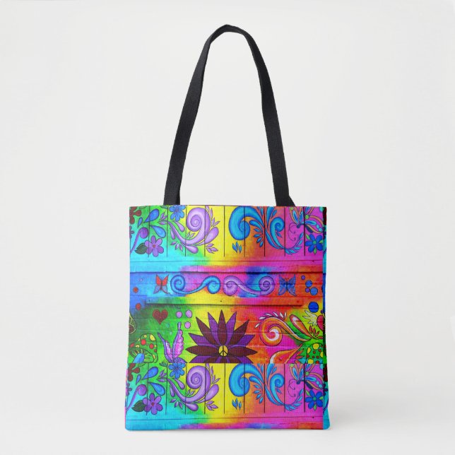 Bolsa Tote hippie flower power groovy dos anos 70 (Frente)