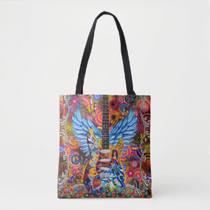 Bolsa Tote Hippy, Love, Freedom, Guitar, Music Art