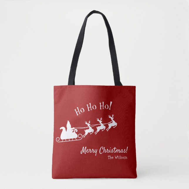Bolsa Tote Ho Ho Feliz Natal com Papais noeis, Red (Frente)