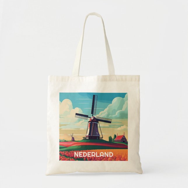Bolsa Tote Holanda Lanscape Tulip Windmill Bandeira Holandesa (Frente)