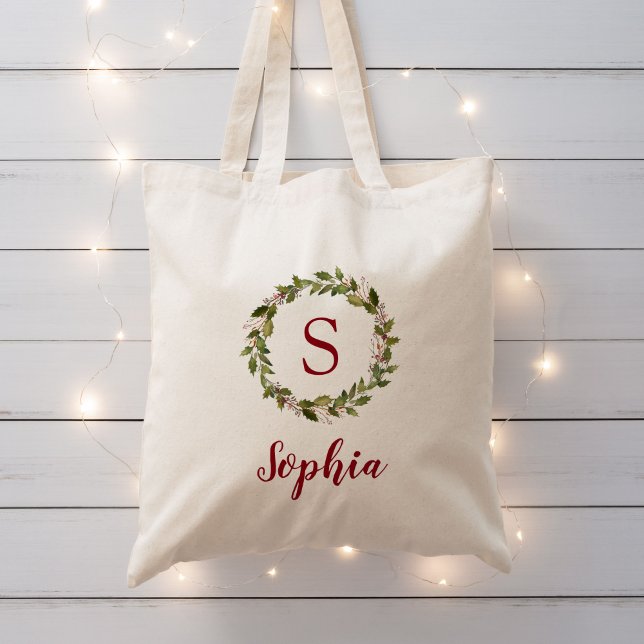 Bolsa Tote Holiday Greenery Wreath Monograma Reutilizável Pre (Criador carregado)