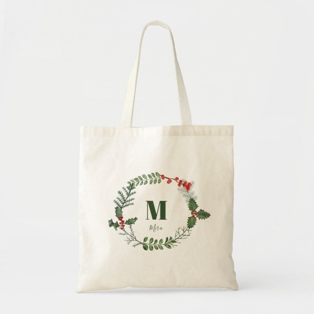 Bolsa Tote Holiday Wreath Greenery Berry Personalizado Inicia (Frente)