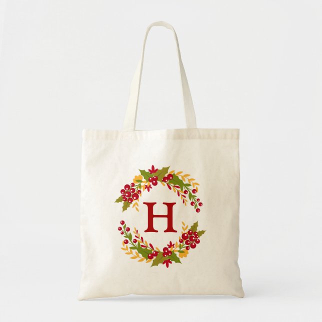 Bolsa Tote Holly Berries Wreath Monogrammed (Frente)