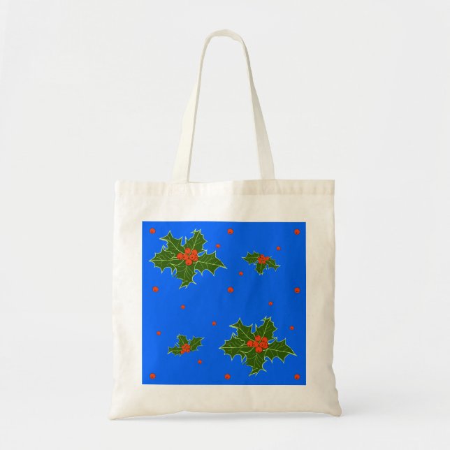 Bolsa Tote Holly (Ilex) Christmas Motif on Festive Blue  (Frente)