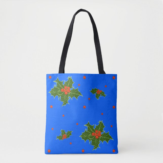 Bolsa Tote Holly (Ilex) Christmas Motif on Festive Blue  (Frente)