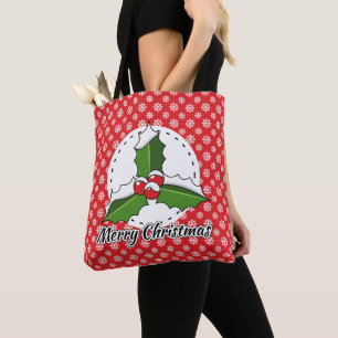 Bolsa Tote Holly on Red White Snowflakes - Feliz Natal