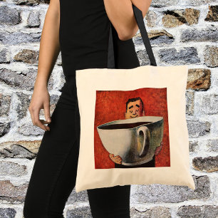 Bolsa Tote Homem Feliz Vintage Bebendo Xícara Gigante de Café