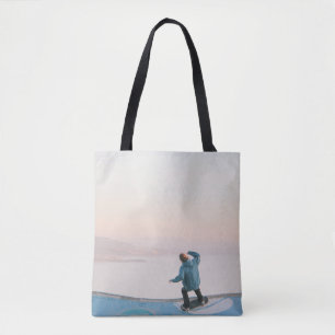 Bolsa Tote Homem no skate azul na parede na praia