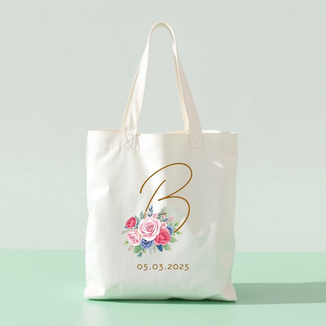 Bolsa Tote Honeymoon gift, Elegant floral bag with initial (Criador carregado)