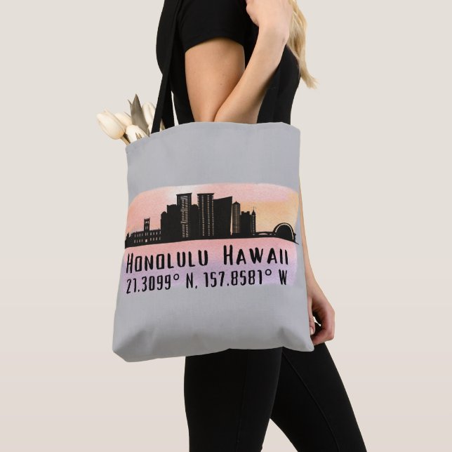 Bolsa Tote Honolulu Skyline Latitude e Longitude (Close Up)