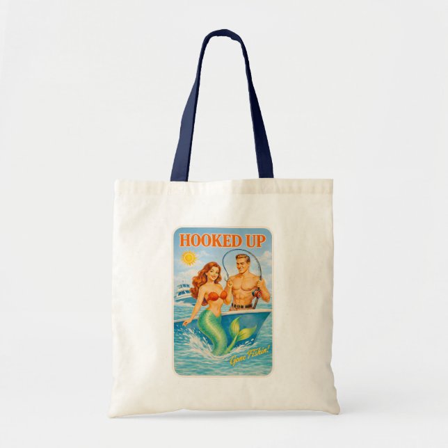Bolsa Tote Hooked Up Fishing Pin-Up Mermaid Funny Retro Beach (Frente)