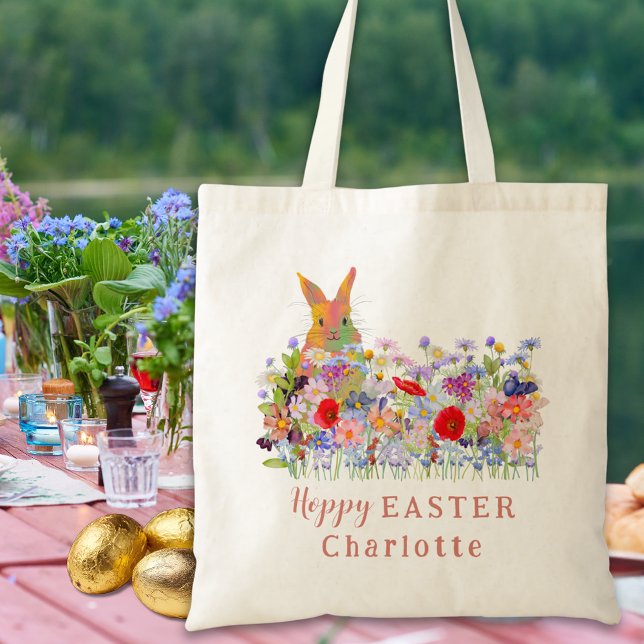 Bolsa Tote Hoppy Easter Ovo Caça Coelho Flores Selvagens (Personalized easter egg hunt cute colorful bunny wildflower floral tote bag)