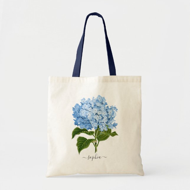 Bolsa Tote Hortênsia Azul Naval Botânica Floral Personalizada (Frente)