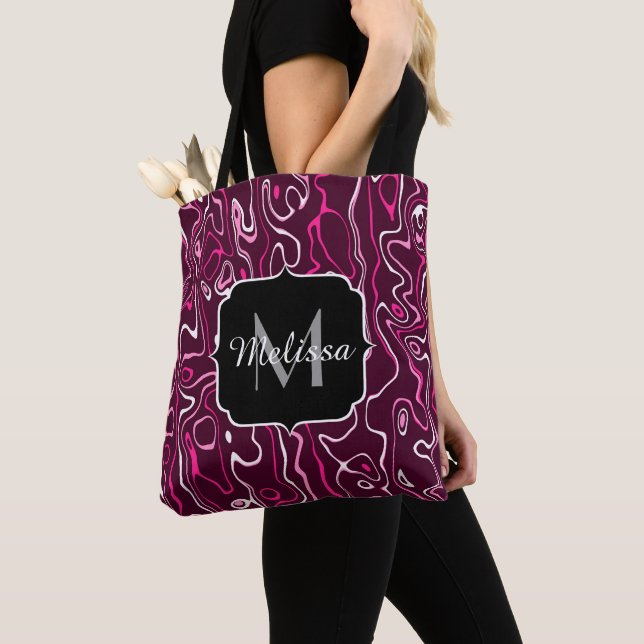 Bolsa Tote Hot pink damascus abstract swirls Custom Monogram (Close Up)