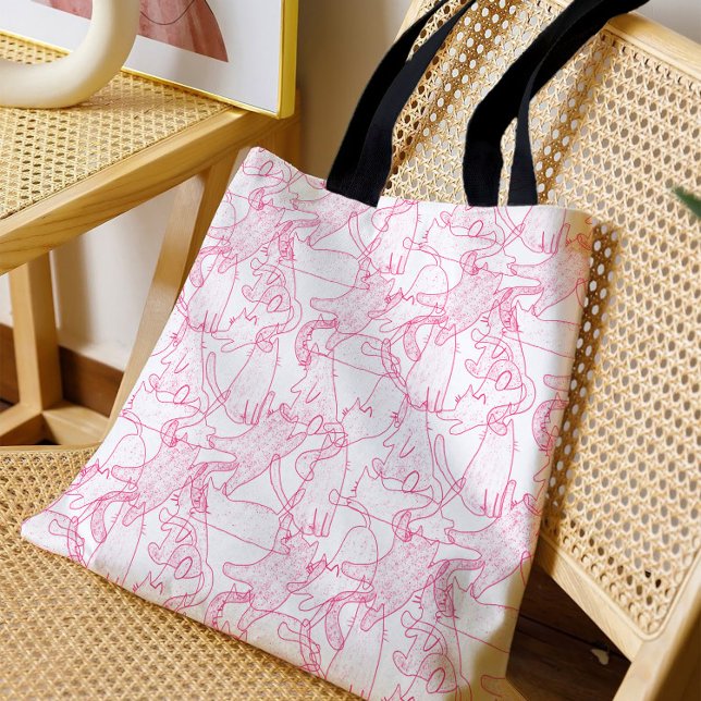 Bolsa Tote Hot Pink Scribble Cats – modern cute Pattern (Criador carregado)