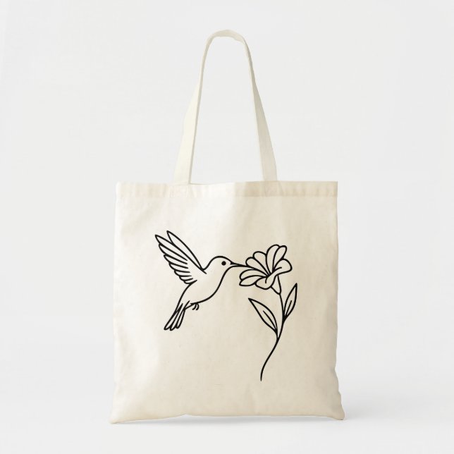 Bolsa Tote Hummingbird and Flower – Minimalist Black Line Art (Frente)