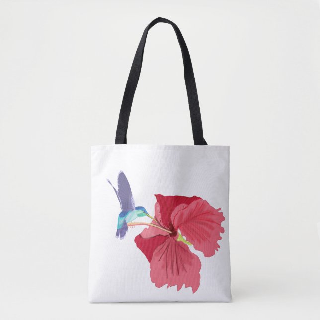 Bolsa Tote Hummingbird azul e verde e Hibiscus vermelho (Frente)
