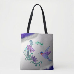 Bolsa Tote Hummingbird Com Flores no Fundo Geodo