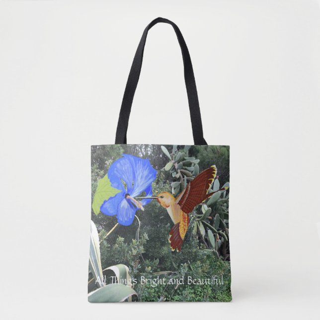 Bolsa Tote Hummingbird e Hibiscus azul com plantas tropicais (Frente)