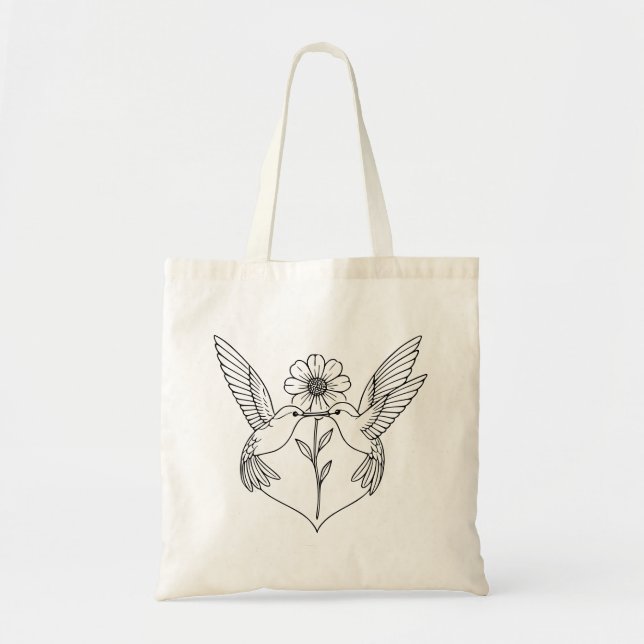 Bolsa Tote Hummingbirds in Heart Shape with Flower Line Art (Frente)