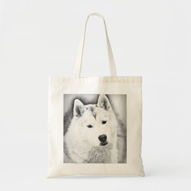 Bolsa Tote Husky Siberiano Branco com Olhos Azuis - Desenho d (Frente)