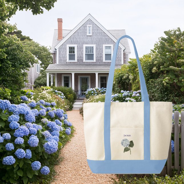 Bolsa Tote Hydrangea Azul Flor de Bloom Contraste Trim Barco (blue monogrammed contrast trim tote bag with blue hydrangeas)