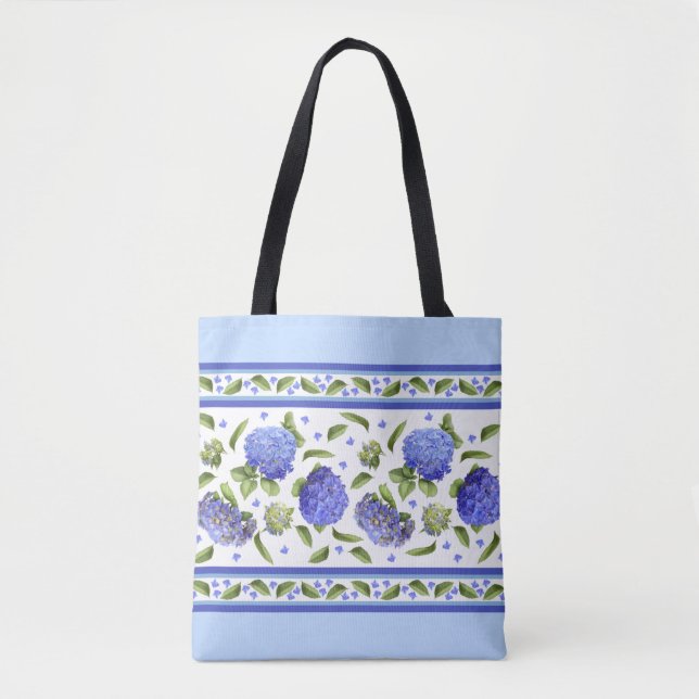 Bolsa Tote Hydrangea Floral Padrão botânico azul (Frente)