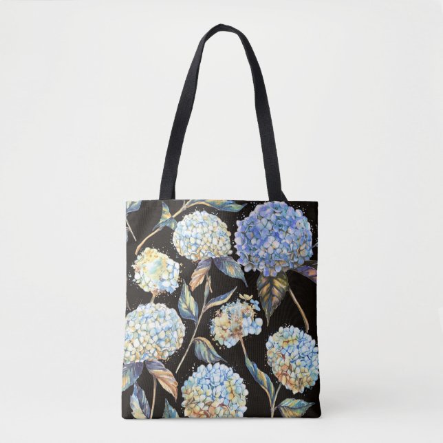Bolsa Tote Hydrangea Watercolor Azul: Padrão Escuro Sem Costu (Frente)