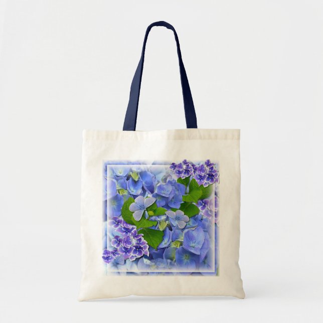 Bolsa Tote Hydrangeas azuis e borboletas (Frente)