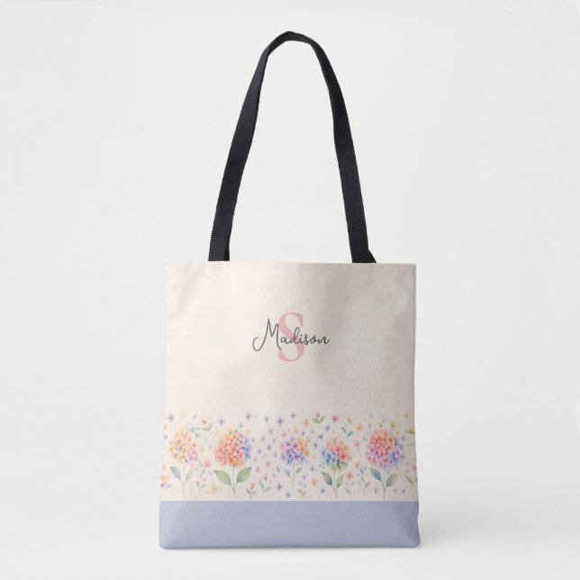 Bolsa Tote Hydrangeas de Aquarela Monograma — Blossomas de Pa (Frente)