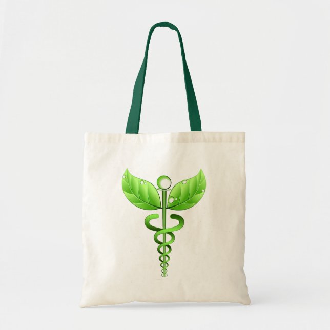 Bolsa Tote Ícone Médico do Alternativo de Caduceus Verde (Frente)