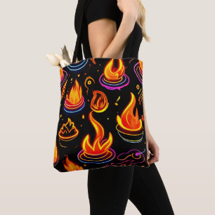 Bolsa Tote Ícones de chama brilhantes na Canvas escura