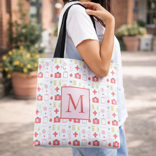 Bolsa Tote Ícones Médicos Fofos Monograma de Vida de Enfermei