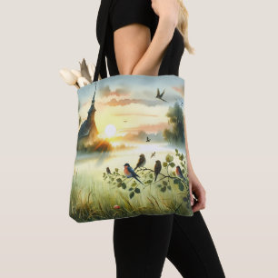 Bolsa Tote Igreja ao Nascer do Sol com Pássaros em Prado Nebu