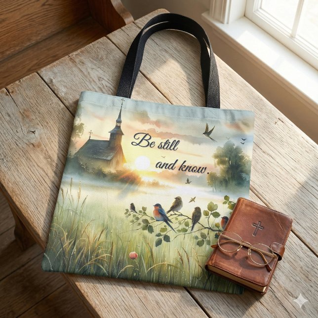 Bolsa Tote Igreja do Sol Nascente com Pássaros em Prado Nebul (Sunrise Church with Birds in Misty Meadow Tote Bag On Wood Table)