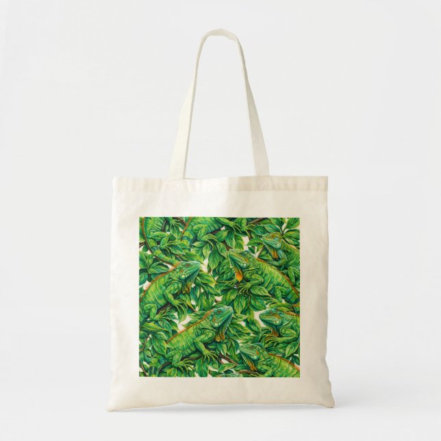 Bolsa Tote Iguana Verde Folhas da Selva Tropical Padrão (Frente)