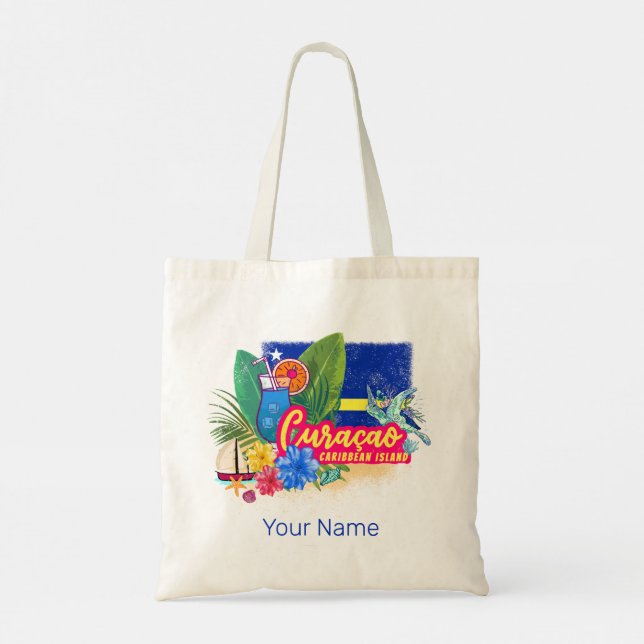 Bolsa Tote Ilha de caribe Retro Curacao com vinheta de tartar (Verso)
