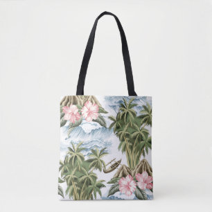 Bolsa Tote Ilha de colheita havaiana, palmeira, barco, rosa 