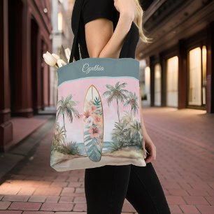 Bolsa Tote Ilha Tropical Flor Surfboard Palm Tree w Name