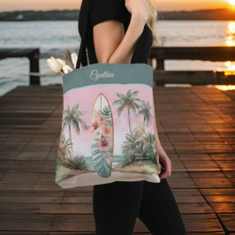 Bolsa Tote Ilha Tropical Flor Surfboard Palm Tree w Name
