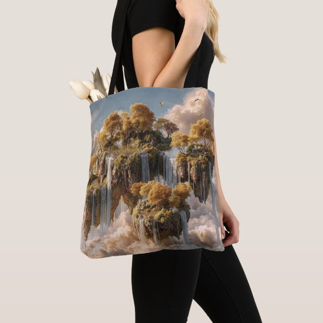 Bolsa Tote Ilhas Flutuantes Surreais Com Árvores Douradas (Close Up)