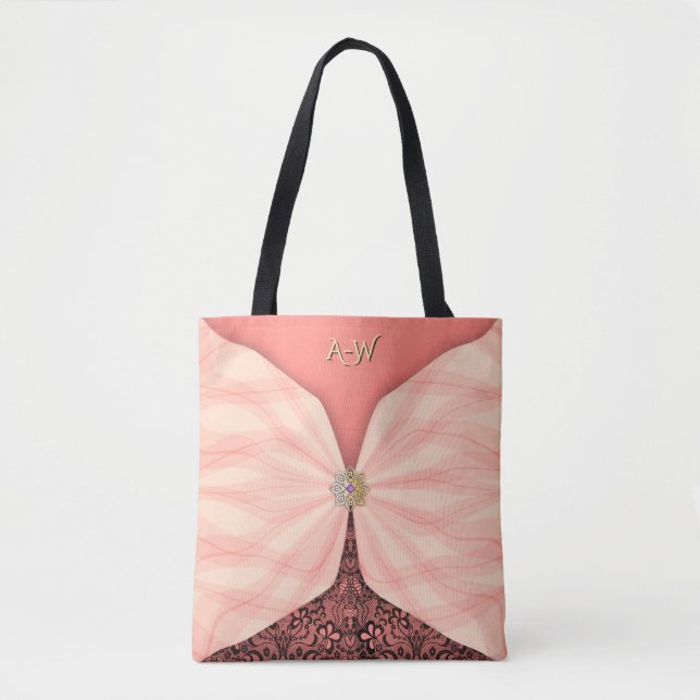 Bolsa Tote Ilusão de Tecido Joia Rosa Bege Monogramada (Frente)