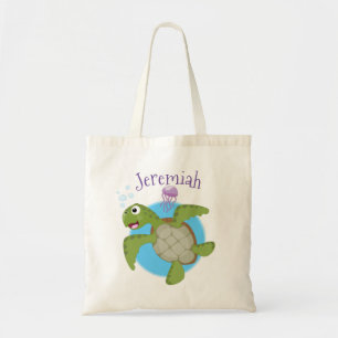 Bolsa Tote Ilustração animada feliz da tartaruga verde-branca