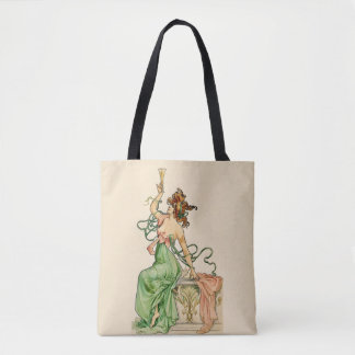 Bolsa Tote Ilustração Art Nouveau Vintage de Senhora com Cham