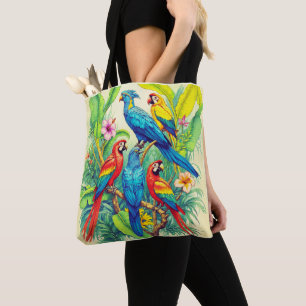 Bolsa Tote Ilustração Botânica de Aves Tropicais